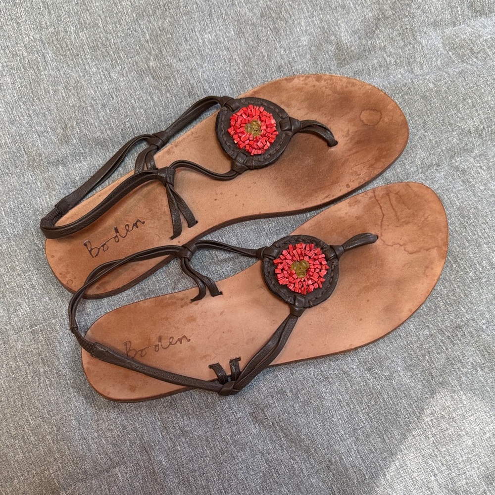 Boden Tan Leather Sandals with Red Coral Accents